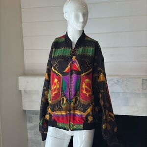 Vintage Satin Baroque Marching Band Print  Black Multi Bomber Jacket Size Large
